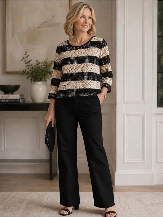 Talbots Tops - Talbots Embroidered Top Women’s Size L Black Cream 3/4 Sleeves Lined Blouse Lg